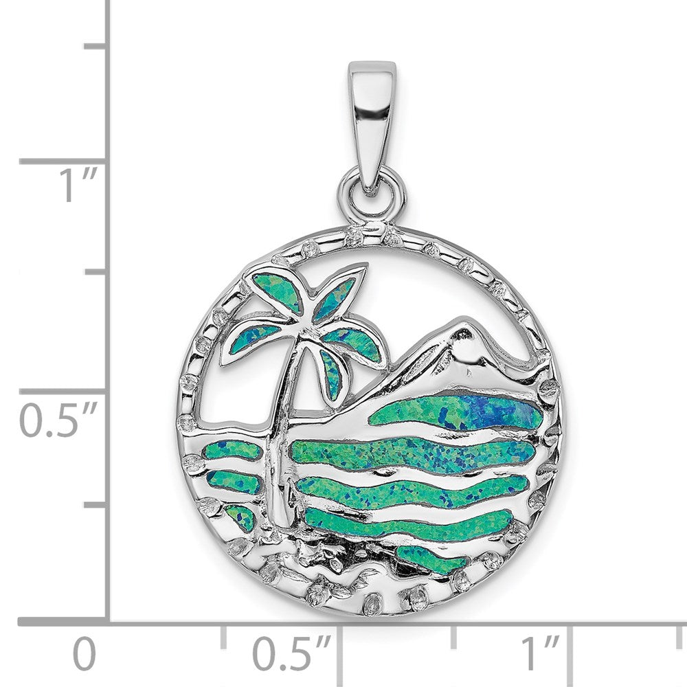 Sterling Silver Rhod-Plated Created Opal Palm Tree Ocean Pendant