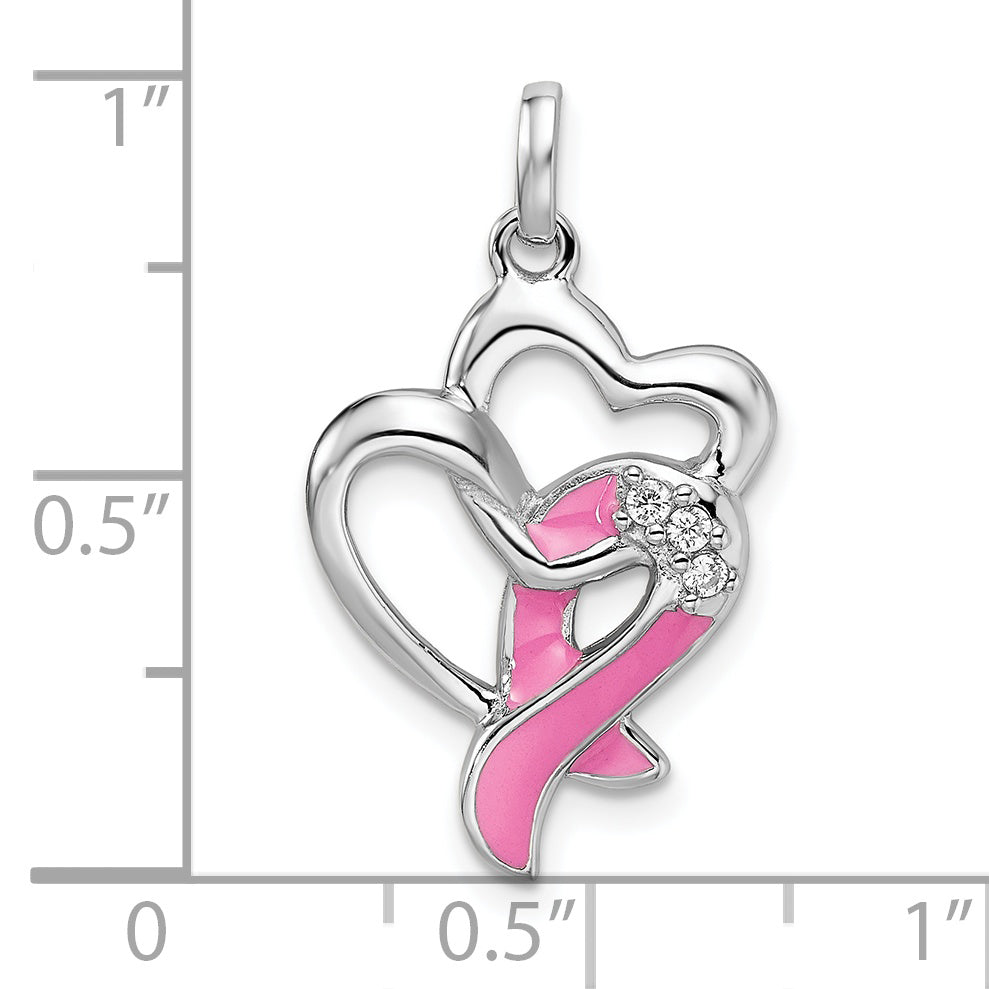 Sterling Silver Rhodium-Plated Enamel Cz Ribbon Heart Pendant
