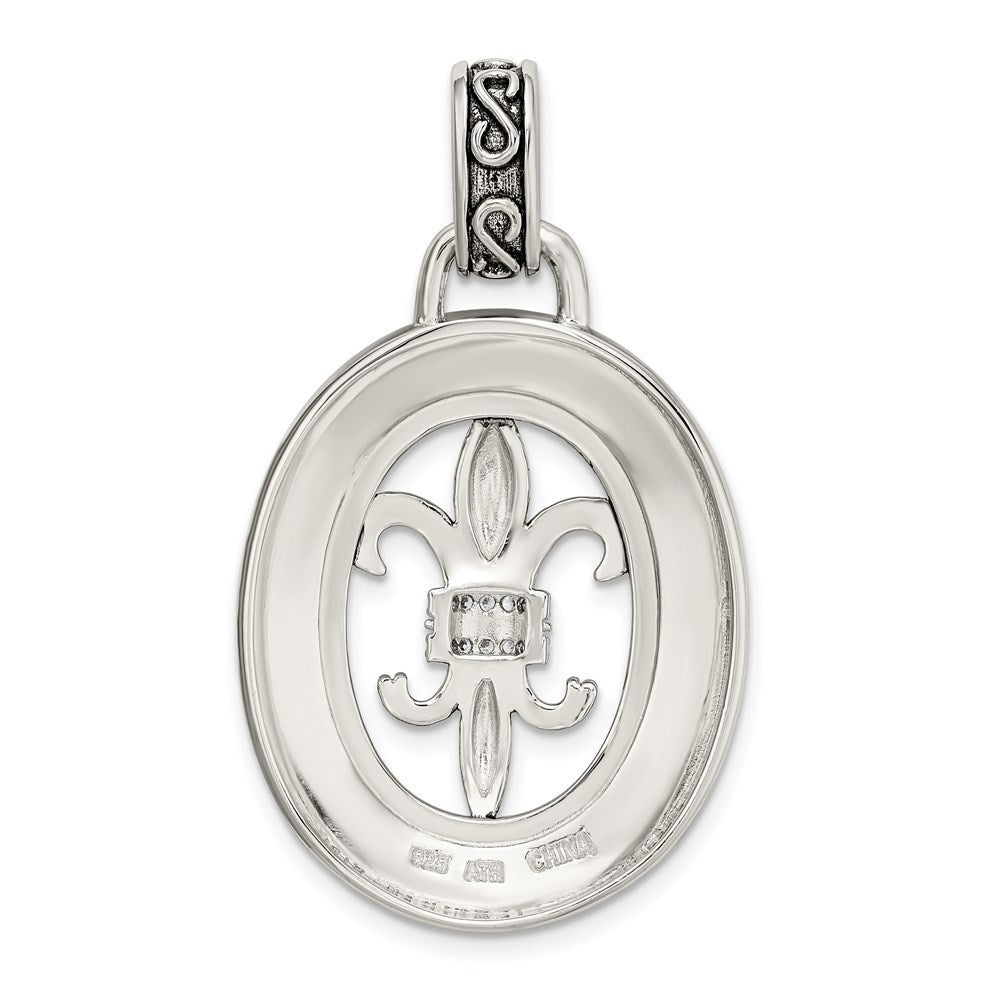 Sterling Silver Cz Antiqued Filigree Fleur De Lis Pendant