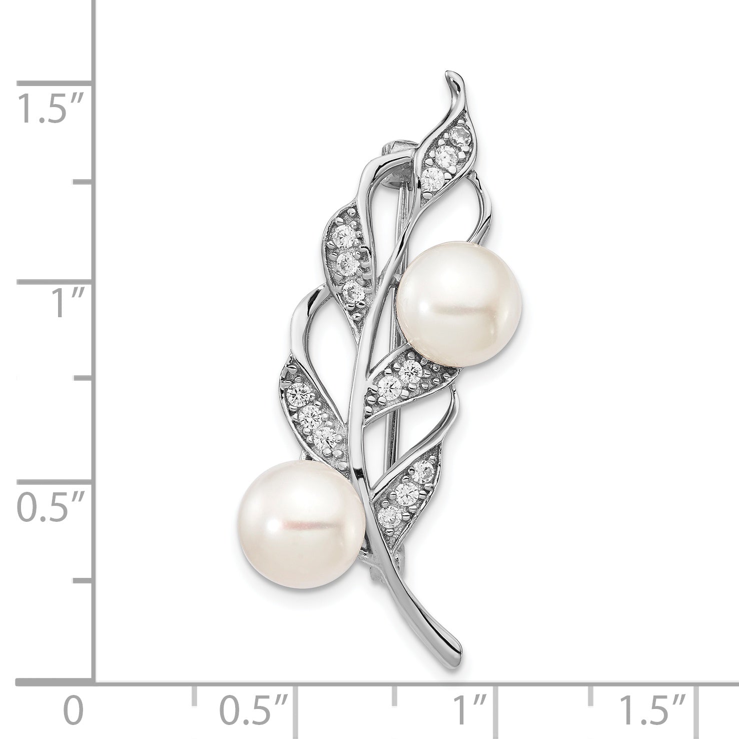 Sterling Silver Rhodium-Plated Leaf Accented With Cz And 7-8mm White Button Freshwater Cultured Pearl Pin Brooch