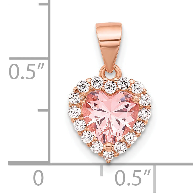 Sterling Silver Rose-Plated Pink Crystal Heart And Clear Cz Pendant