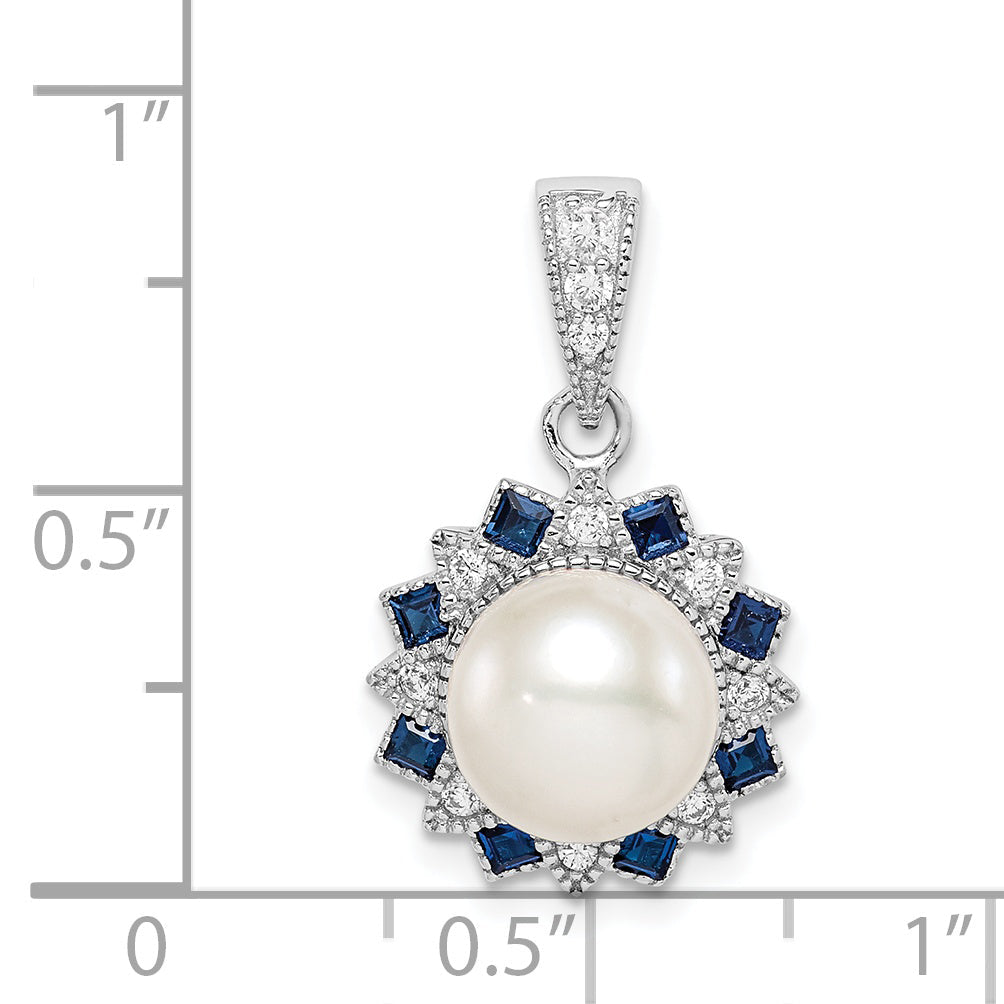 Sterling Silver Rh-Plated Fwc Pearl/Syn. Blue Spinel Flower Pendant