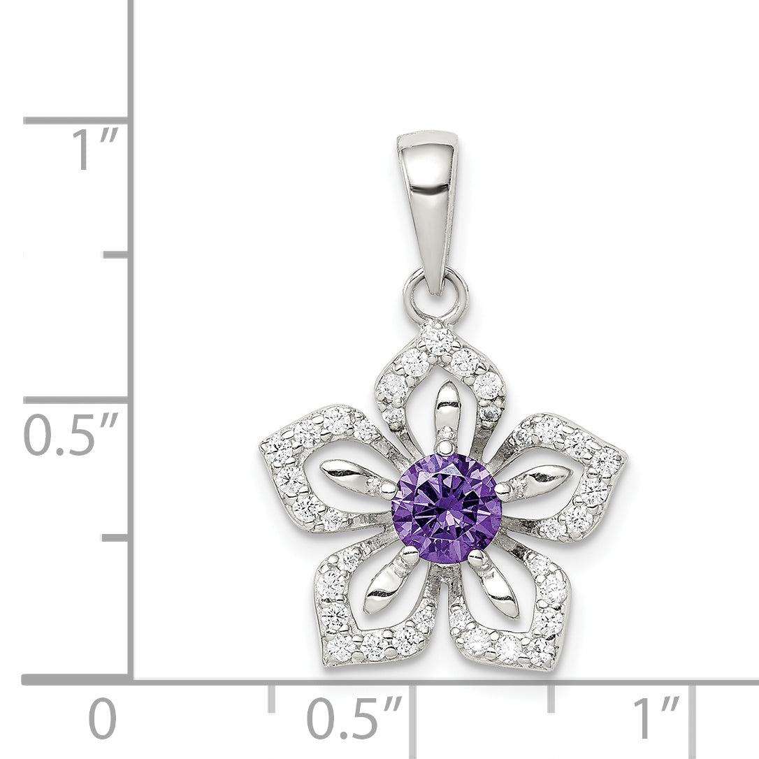 Sterling Silver Purple And Clear Cz Flower Pendant