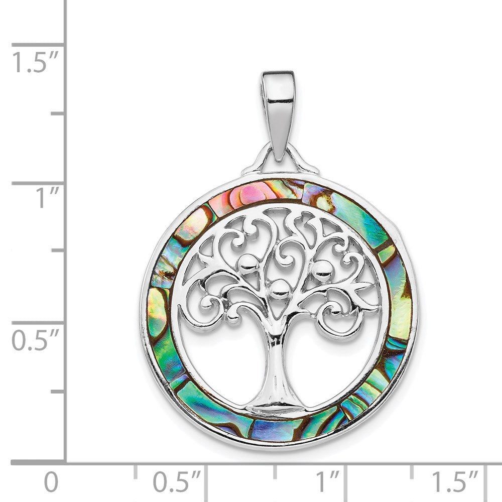 Sterling Silver Rhodium-Plated Abalone Circle W/Tree Of Life Pendant