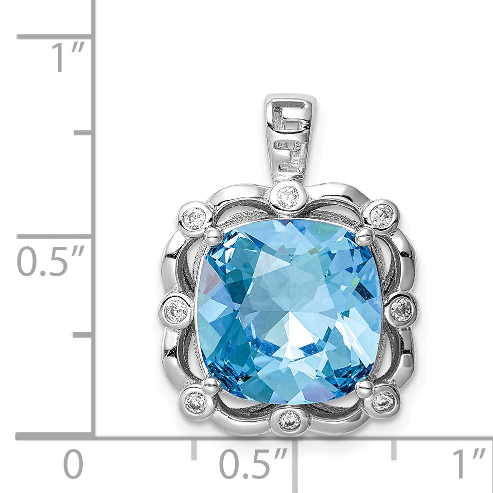 Sterling Silver Rhodium-Plated Clear/Blue Cushion Crystal Pendant