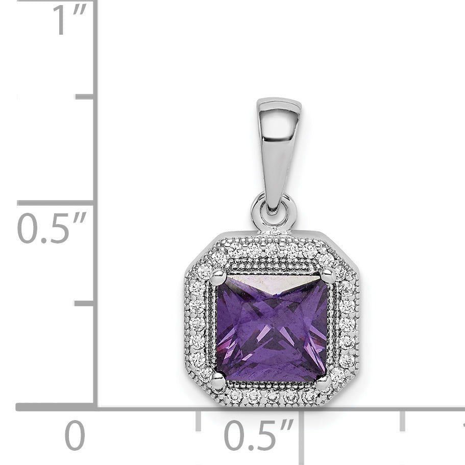 Sterling Silver Rhodium Plated Clear Cz And Square Purple Pendant