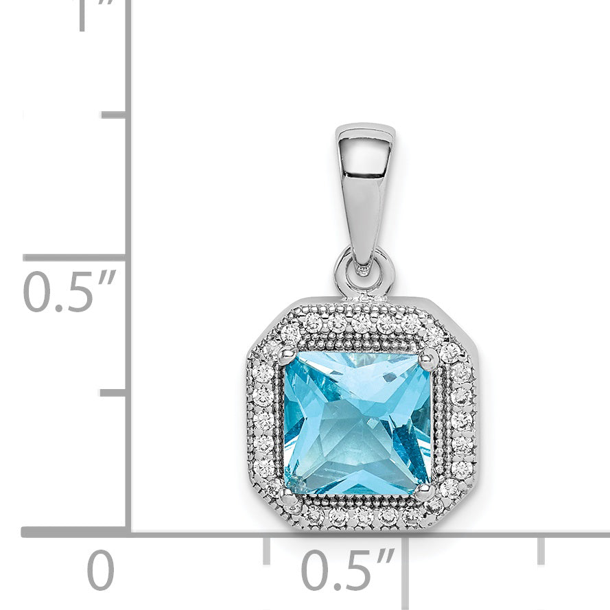 Sterling Silver Rhodium Plated Clear Cz And Square Blue Pendant
