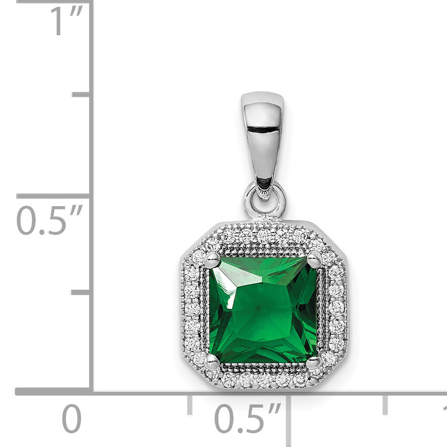 Sterling Silver Rhodium Plated Clear Cz And Square Green Pendant