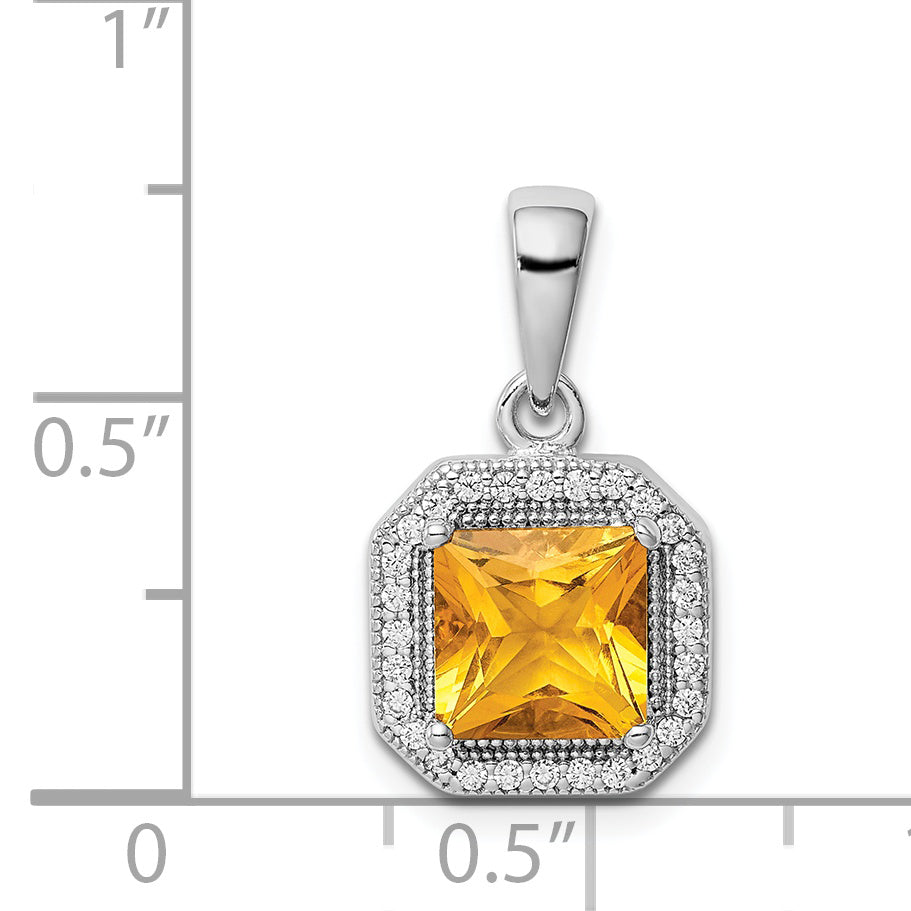 Sterling Silver Rhodium Plated Clear Cz And Square Yellow Pendant