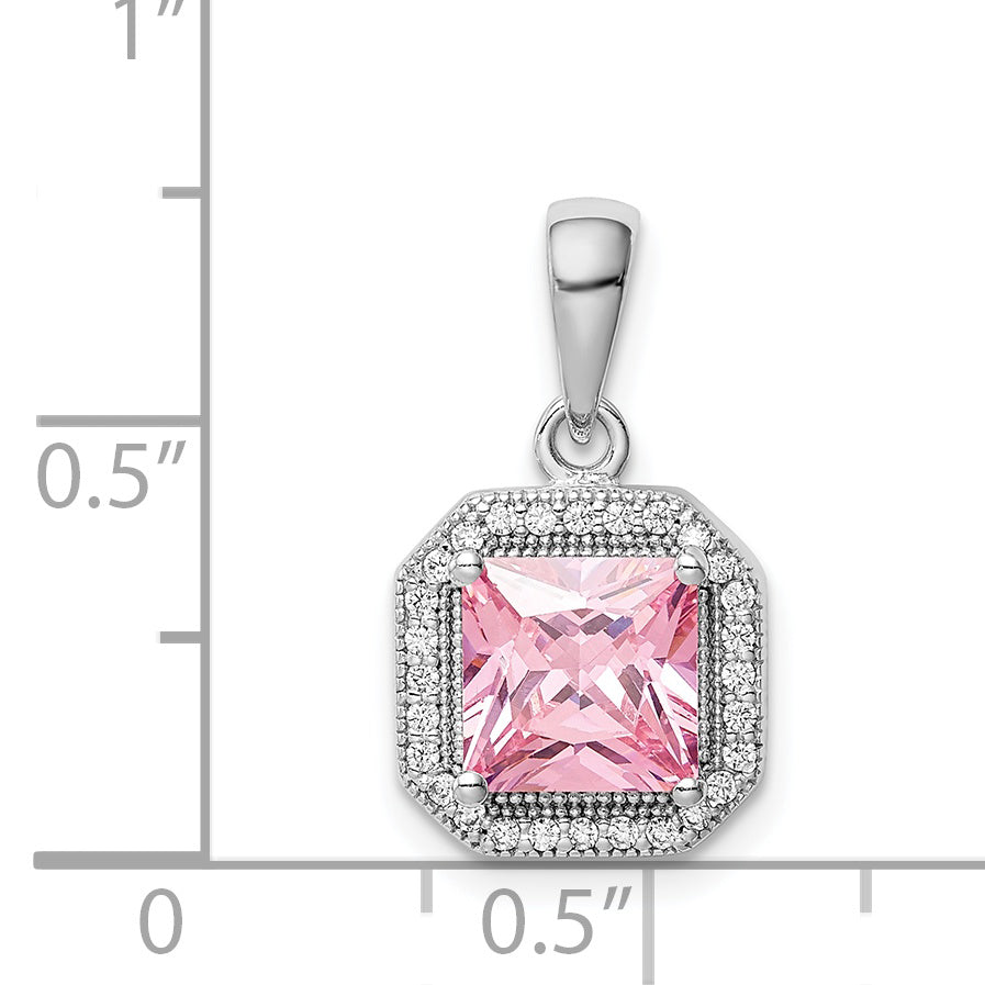 Sterling Silver Rhodium Plated Clear Cz And Square Pink Pendant