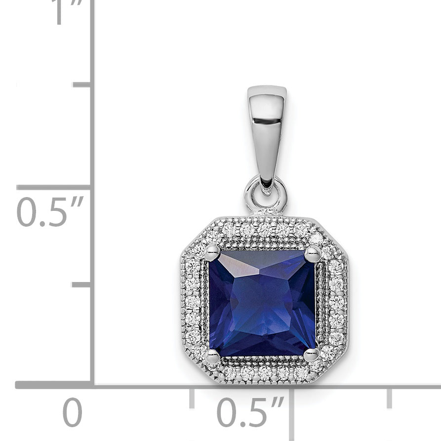 Sterling Silver Rhodium Plated Clear Cz And Square Blue Pendant