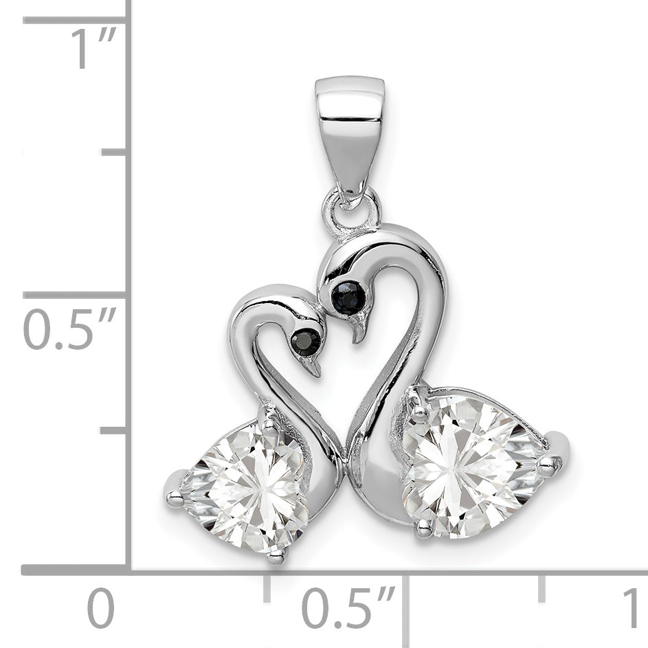 Sterling Silver Rhodium-Plated Polished Cz Swan Couple Pendant