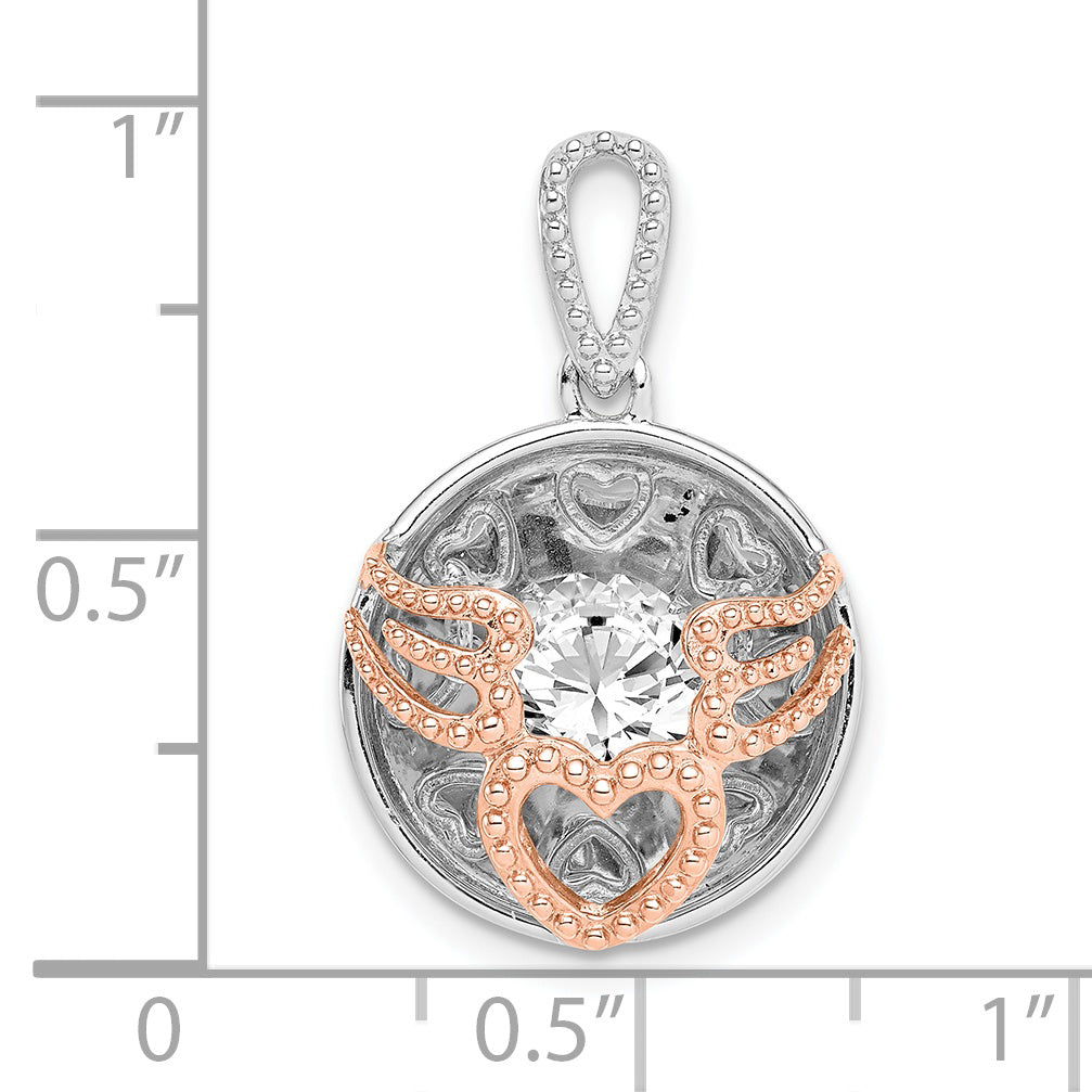 Sterling Silver Rhod-Plated & Rose-Tone Heart Wings W/Vibrant Cz Pendant