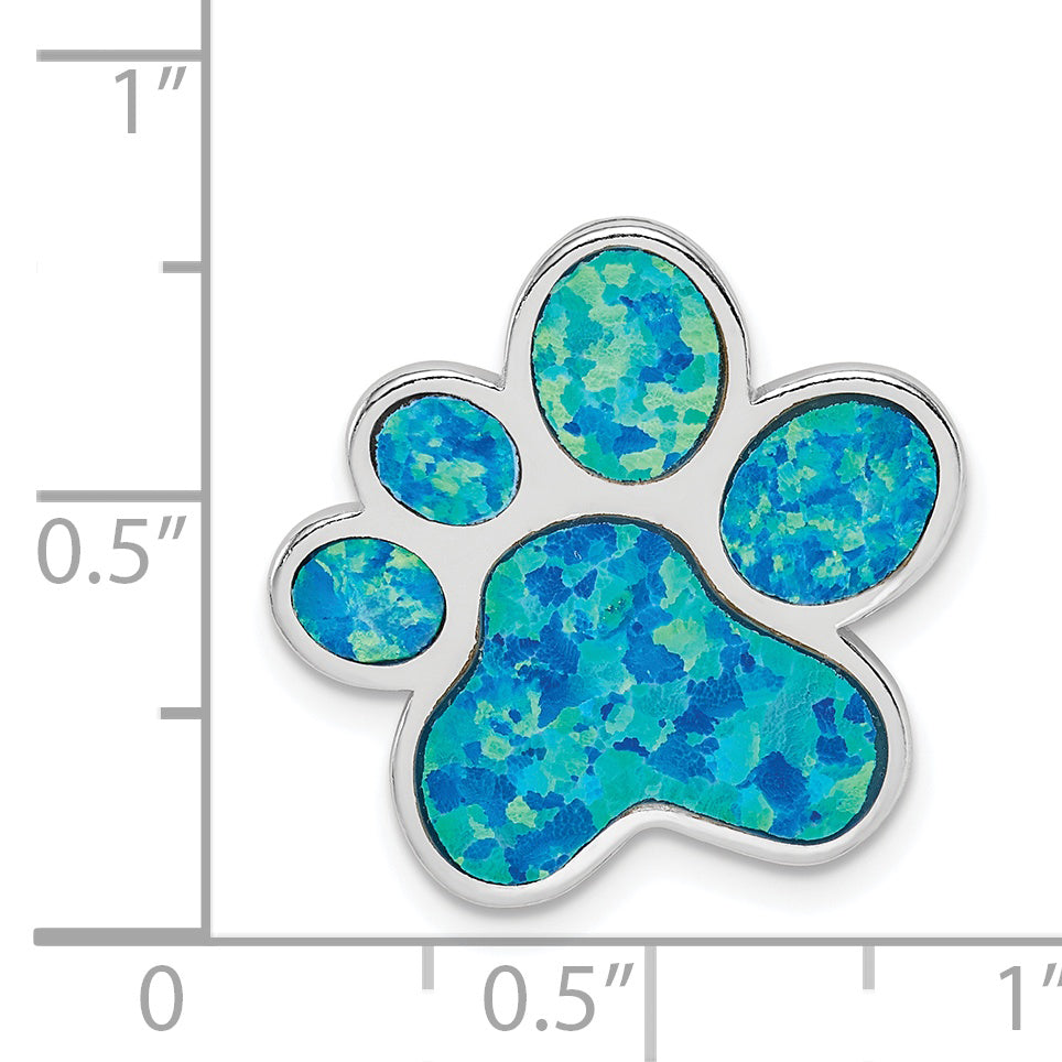 Sterling Silver Rhodium-Plated Created Opal Inlay Paw Print Chain Slide