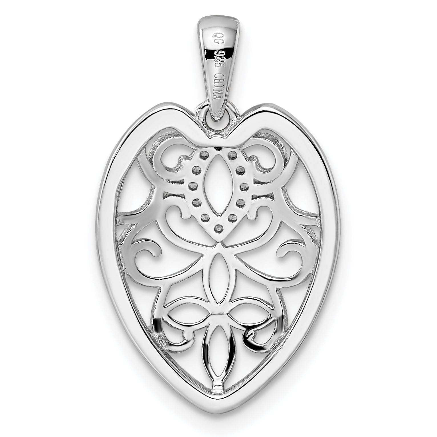 Sterling Silver Rhodium-Plated Cz Filigree Leaf Pendant