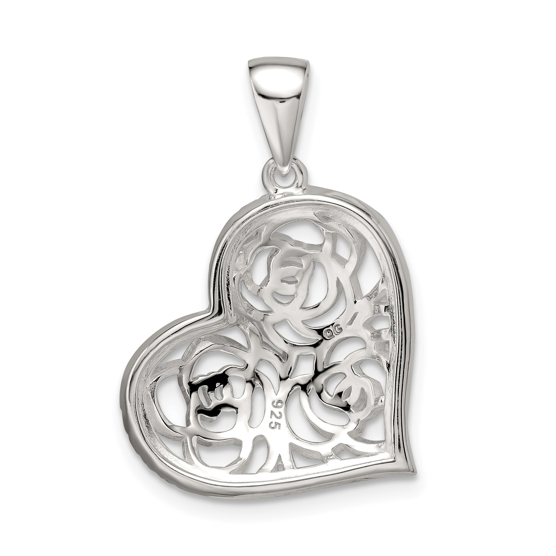 Sterling Silver Cz Roses In Heart Pendant