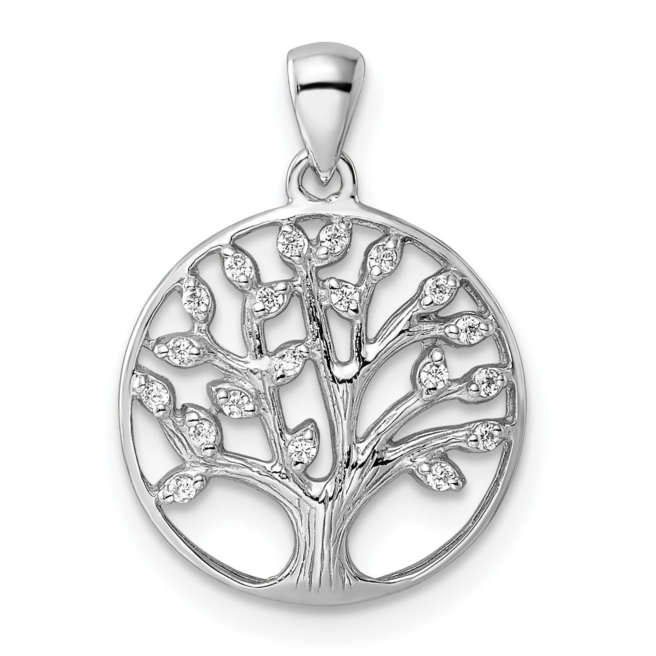 Sterling Silver Rhodium-Plated Polished Cz Tree Of Life Pendant