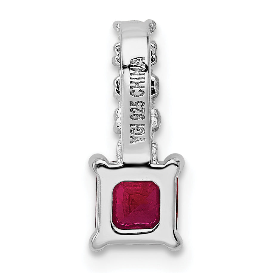 Sterling Silver Rhodium-Plated Created Ruby And Cz Square Pendant