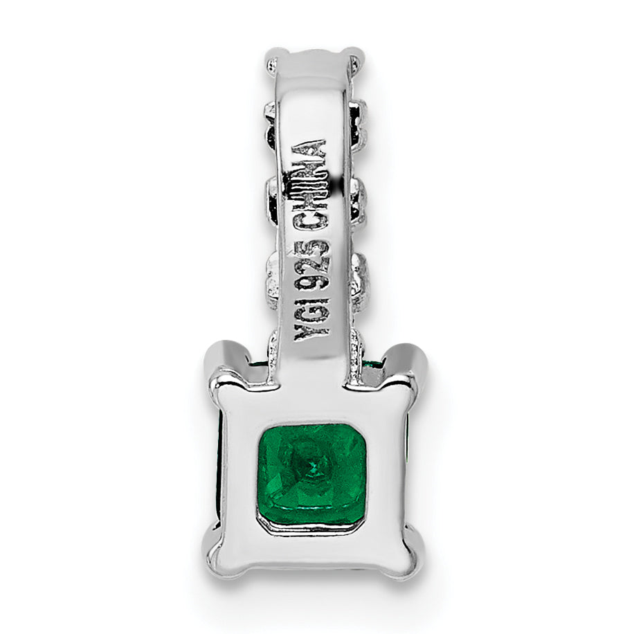 Sterling Silver Polished Rhodium-Plated Green & Clear Cz Square Pendant