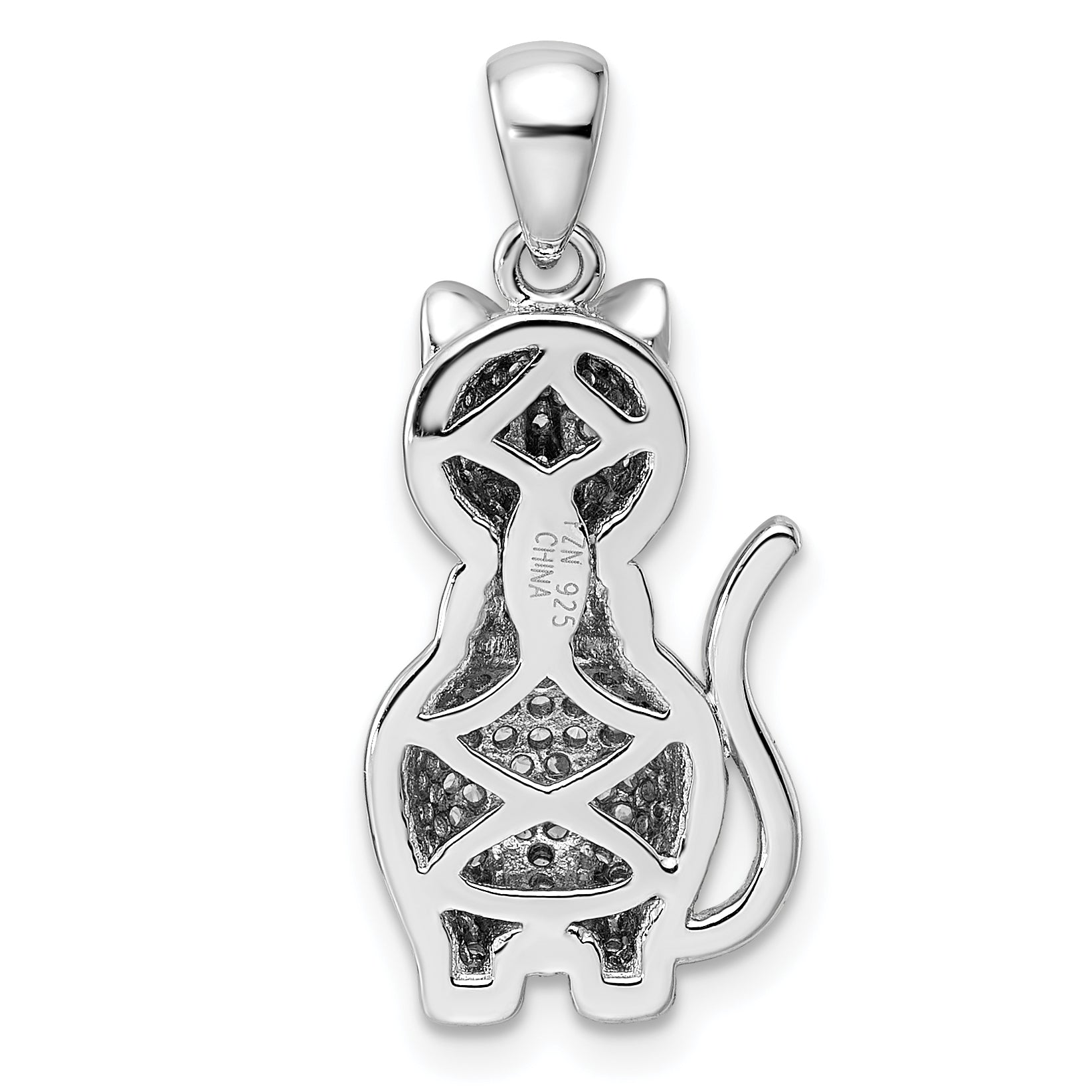 Sterling Silver Rhodium-Plated Polished Green & White Cz Cat Pendant