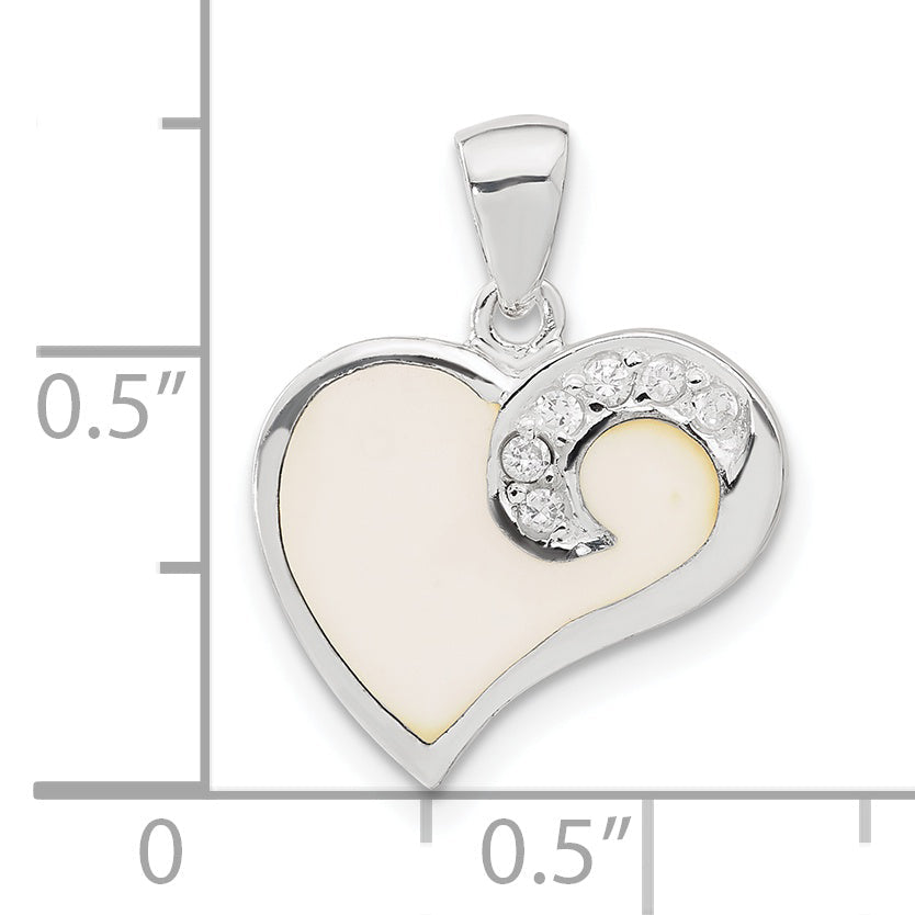 Sterling Silver Cz And White Enameled Heart Pendant
