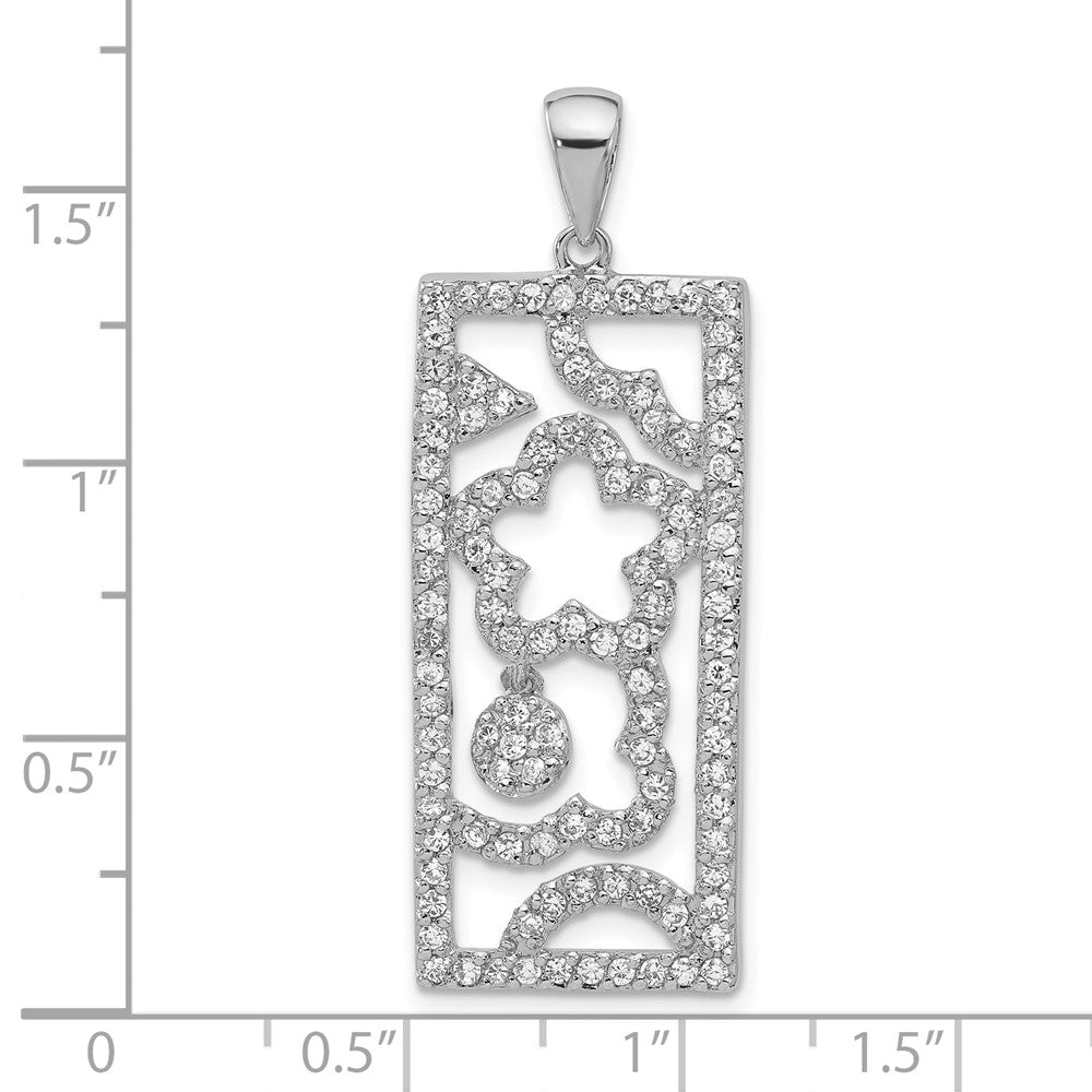 Sterling Silver Polished Cz Floral Rectangle Pendant