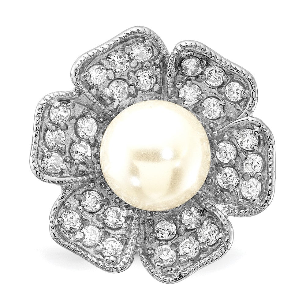 Sterling Silver Polished Simulated Pearl & Cz Flower Ring