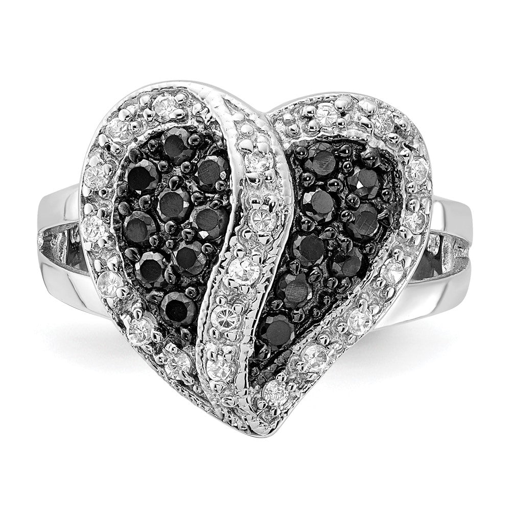 Sterling Silver Polished Black & Clear Cz Heart Ring