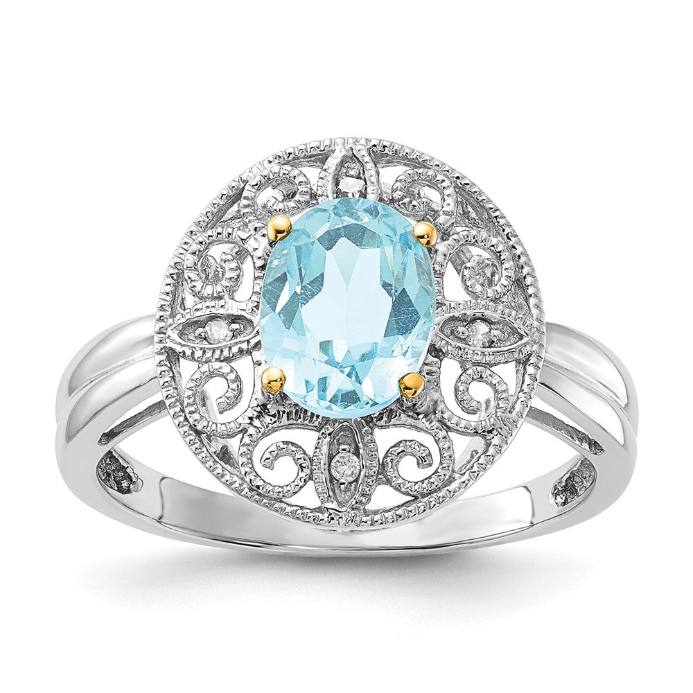 Sterling Silver & 14K Accent Sky Blue Topaz Diamond Oval Ring (Size 8 Only)