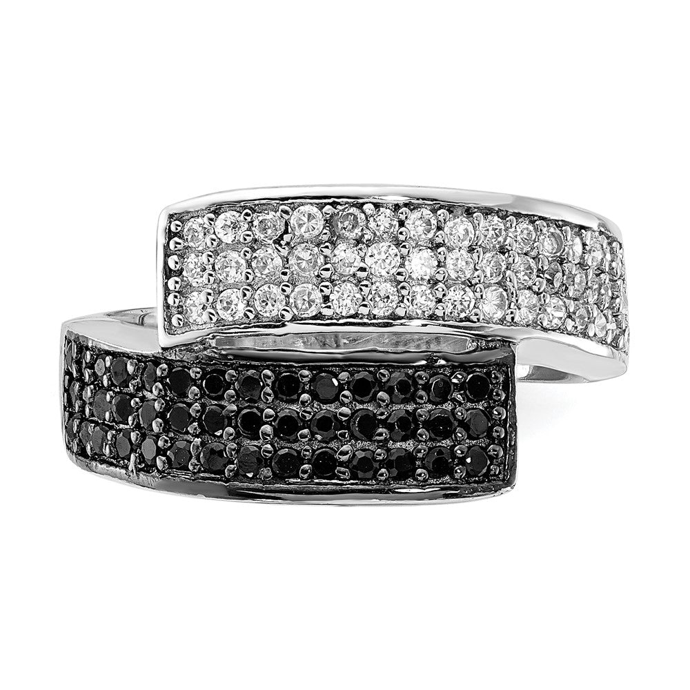 Sterling Silver Rhodium Black And Clear Cz Overlapping Ring