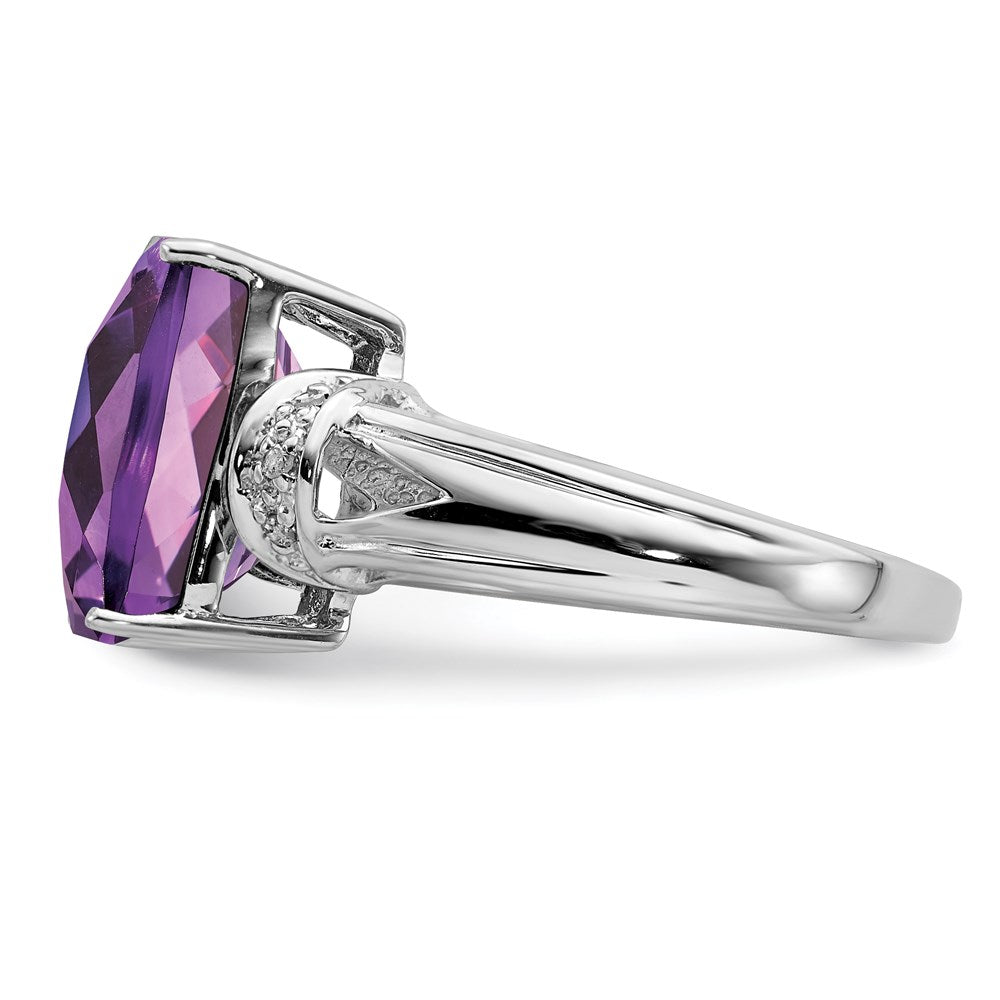 Sterling Silver Rhodium Plated Checker Cut Amethyst & Diamond Ring (Size 7 Only)