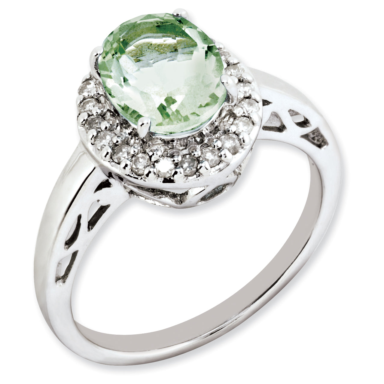 Sterling Silver Rhodium Plated Oval Green Quartz & Diamond Ring (Size 7 Only)