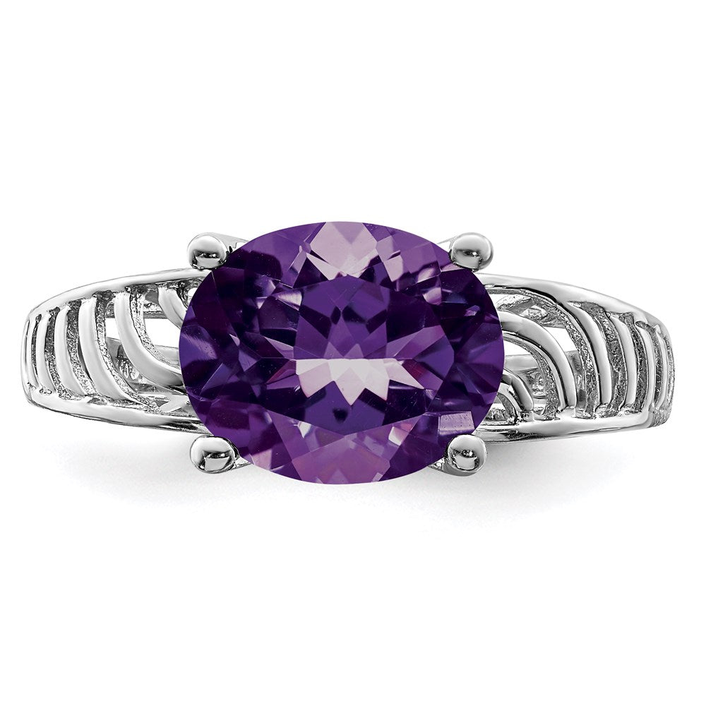 Sterling Silver Rhodium Plated Oval Amethyst Ring (Size 7 Only)