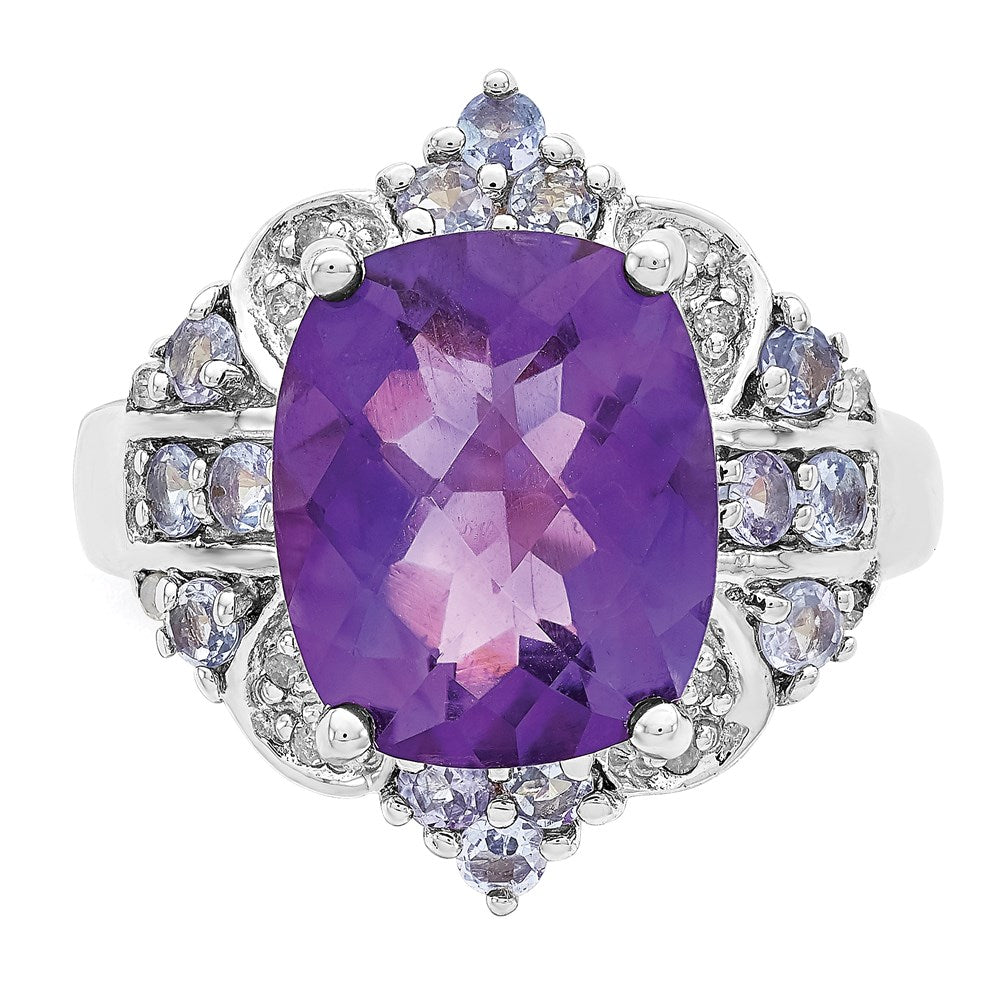 Sterling Silver Rhodium Plated Amethyst, Tanzanite & Diamond Ring (Size 5 Only)