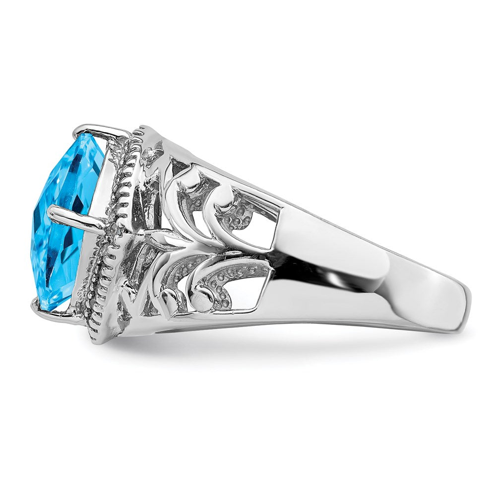 Sterling Silver Rhodium Checker Cut Blue Topaz & Diamond Ring (Size 7 Only)