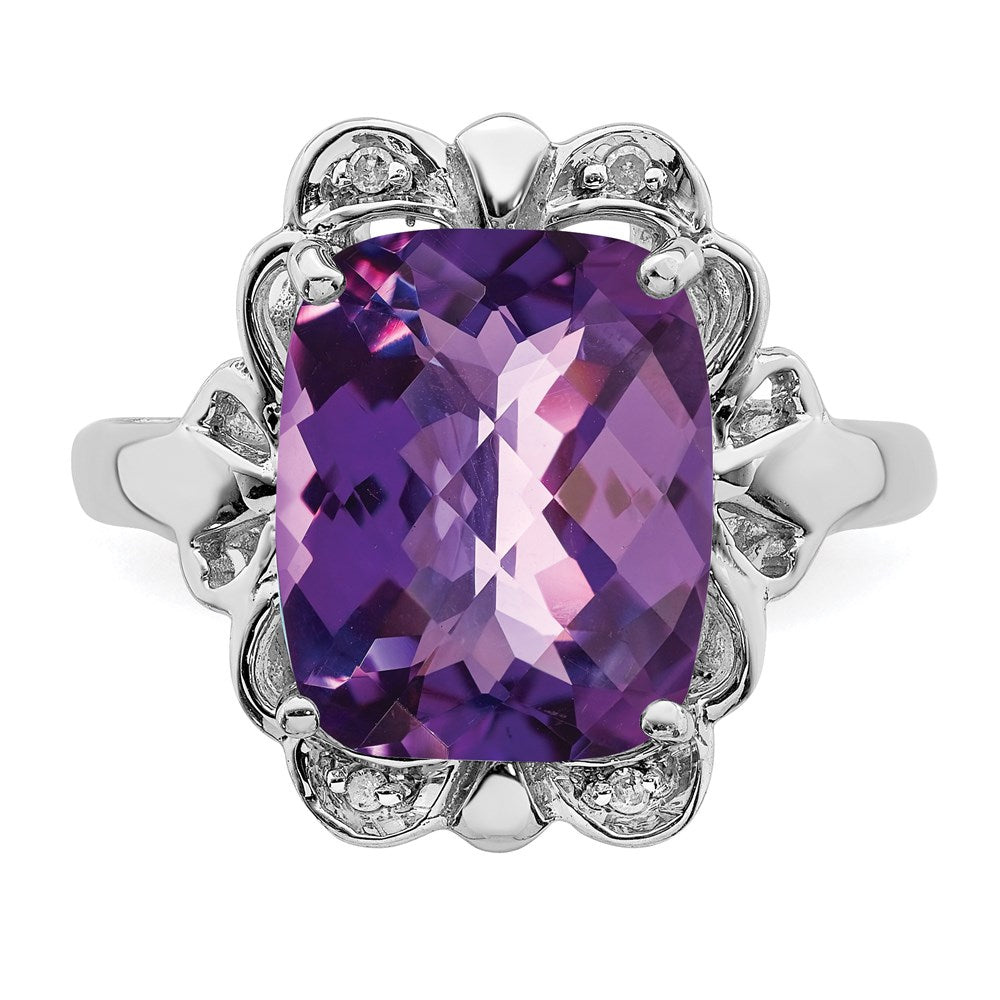 Sterling Silver Rhodium Plated Checker Cut Amethyst & Diamond Ring (Size 7 Only)