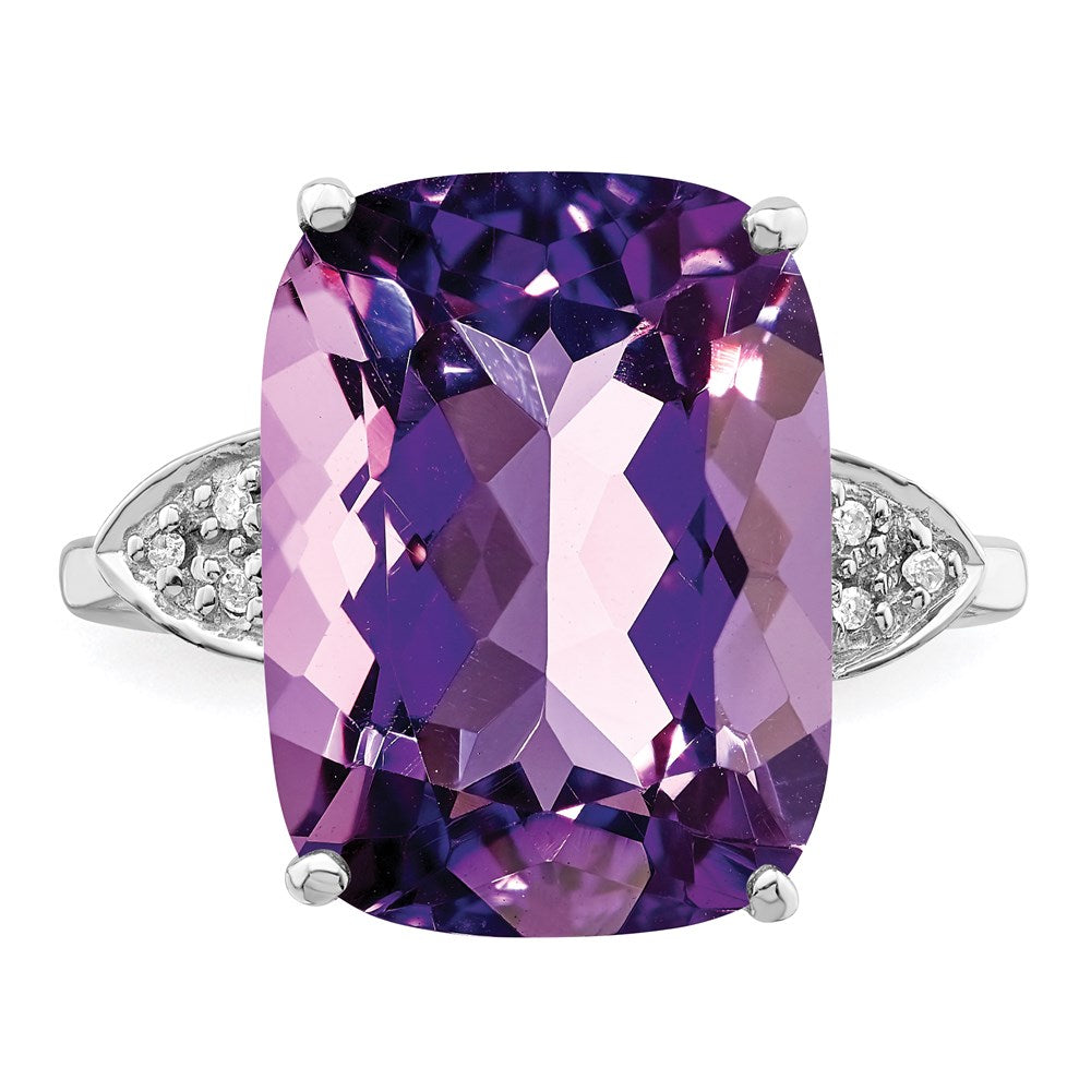 Sterling Silver Rhodium Plated Checker Cut Amethyst & Diamond Ring (Size 10 Only)