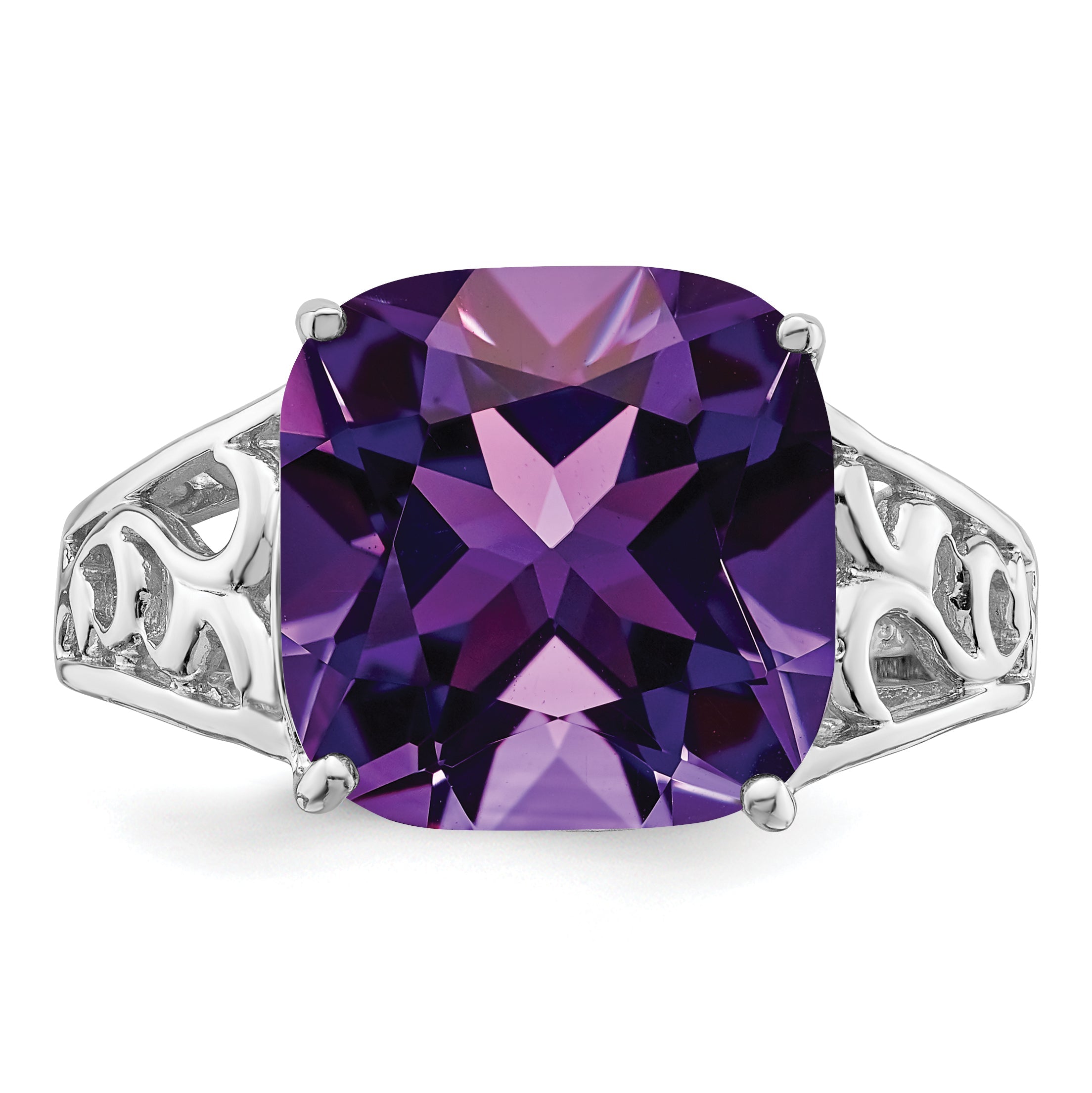 Sterling Silver Rhodium Plated Checker Cut Amethyst Ring