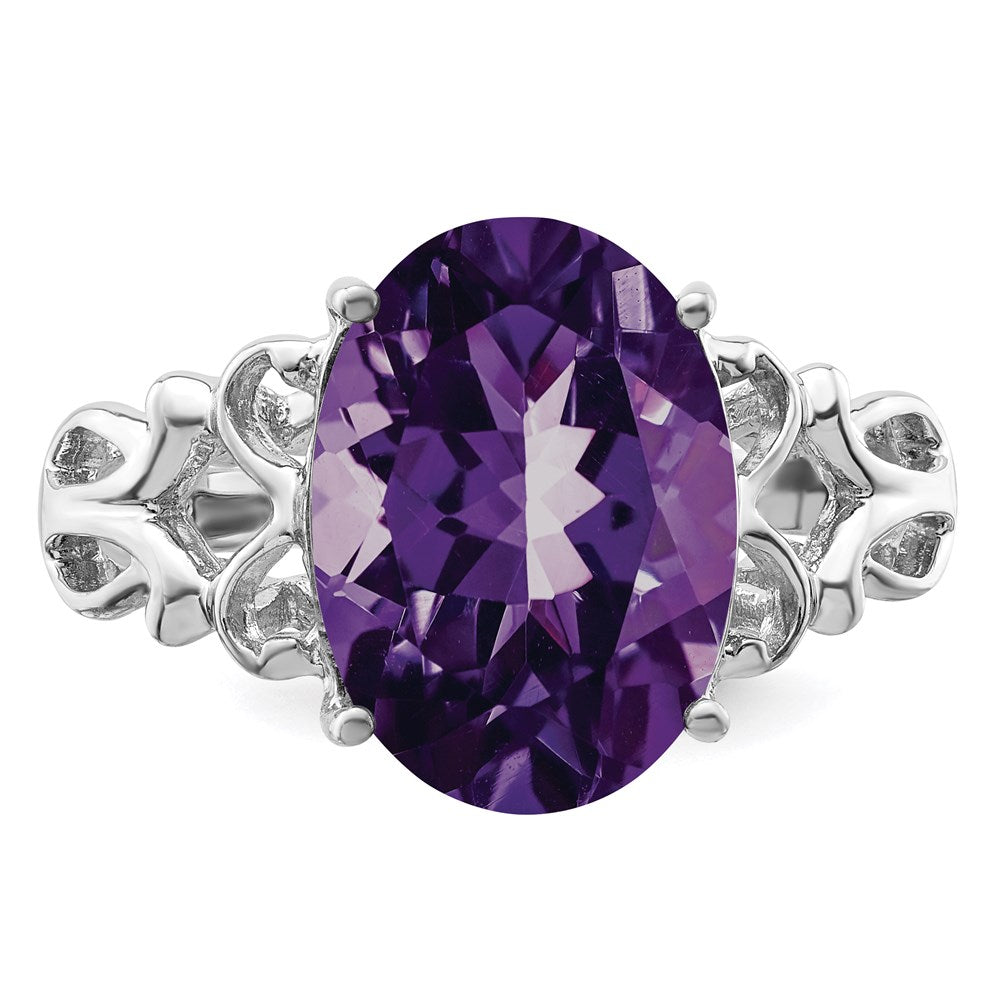 Sterling Silver Rhodium Plated Oval Checker Cut Amethyst Ring (Size 7 Only)