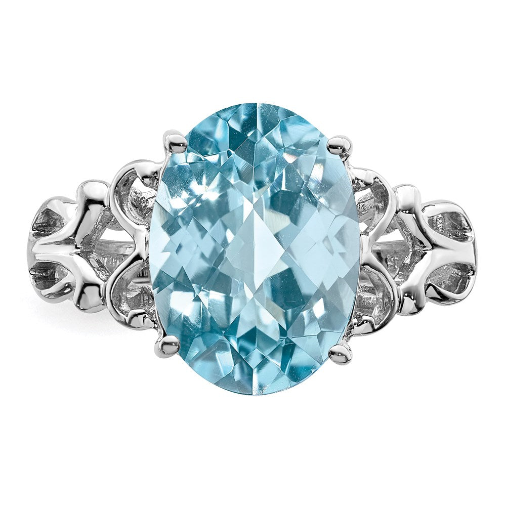 Sterling Silver Rhodium Checker Cut Sky Blue Topaz Ring (Size 7 Only)