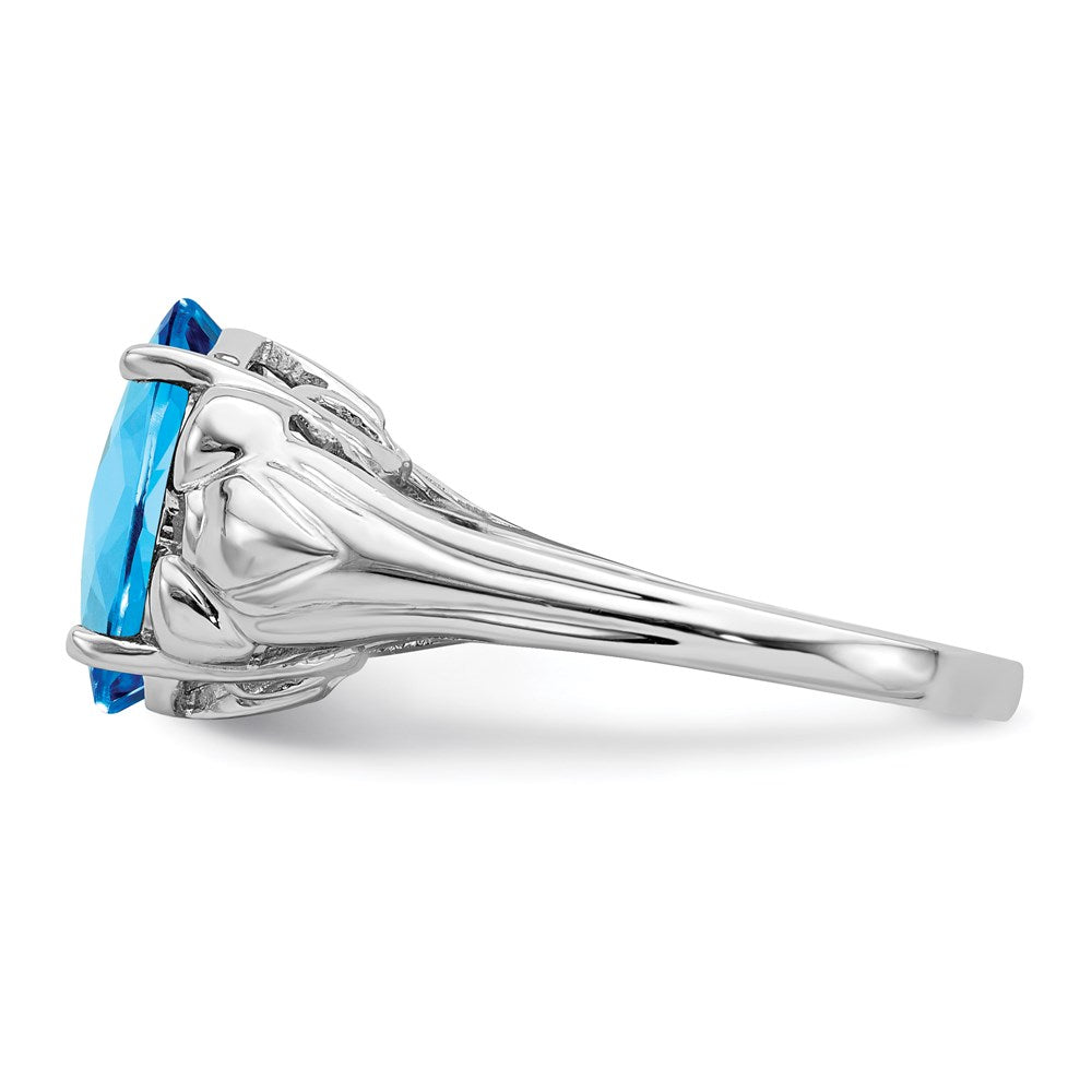 Sterling Silver Rhodium Oval Checker Cut Blue Topaz Ring (Size 7 Only)