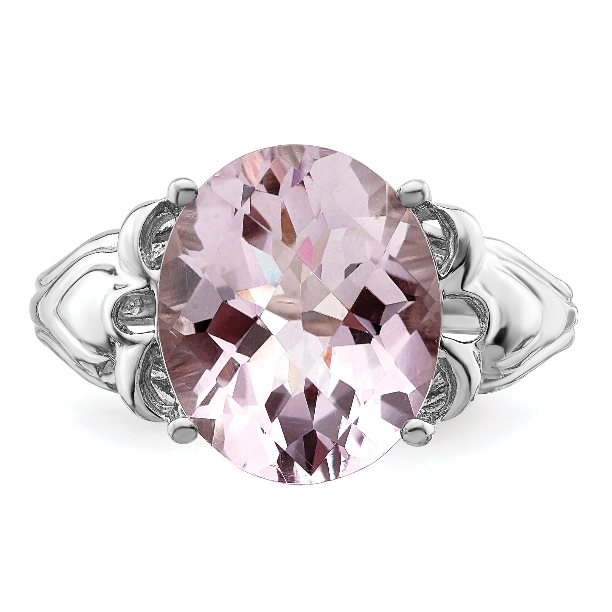 Sterling Silver Rhodium Oval Checker Cut Pink Quartz Ring (Size 7 Only)