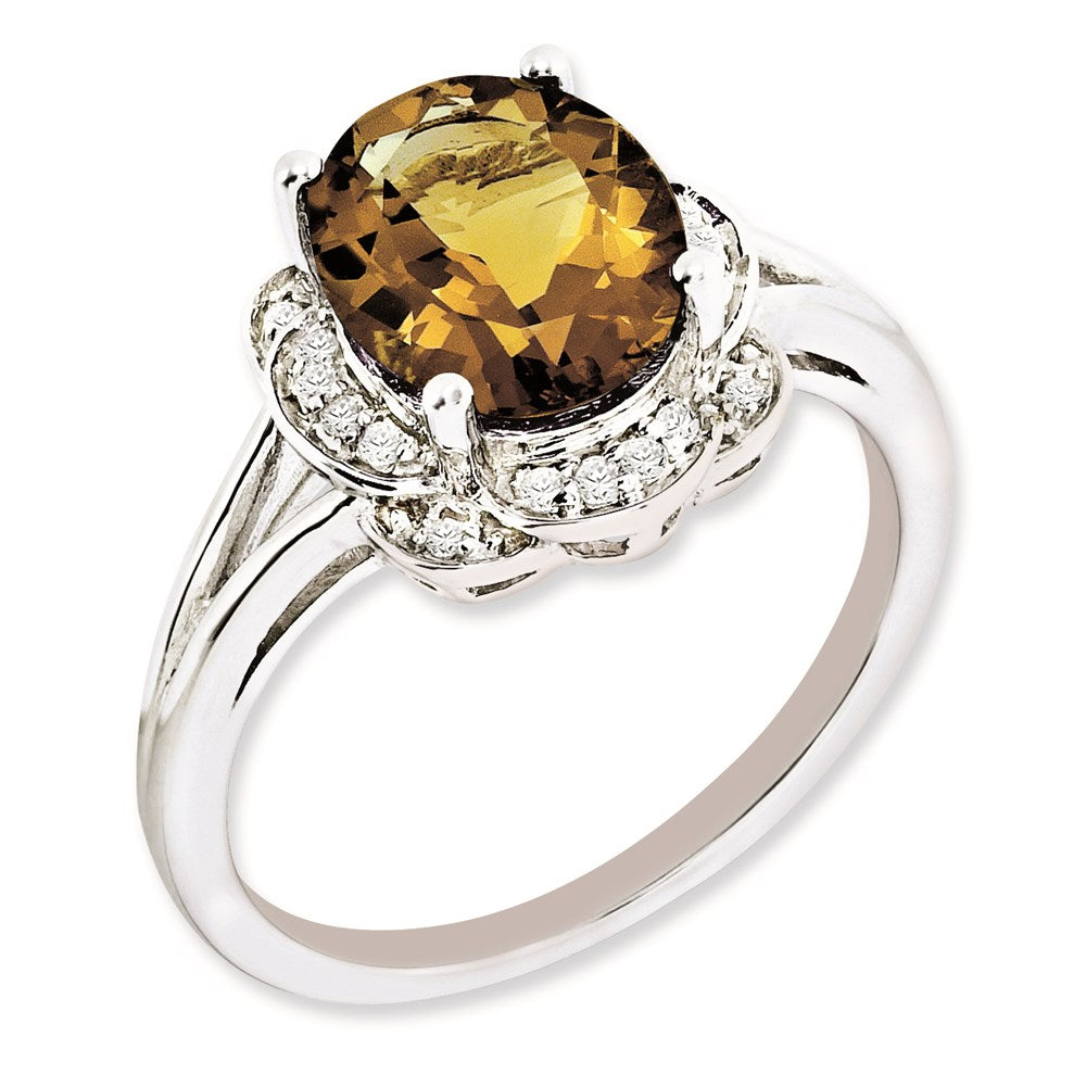 Sterling Silver Rhodium Plated Diamond & Whiskey Quartz Ring