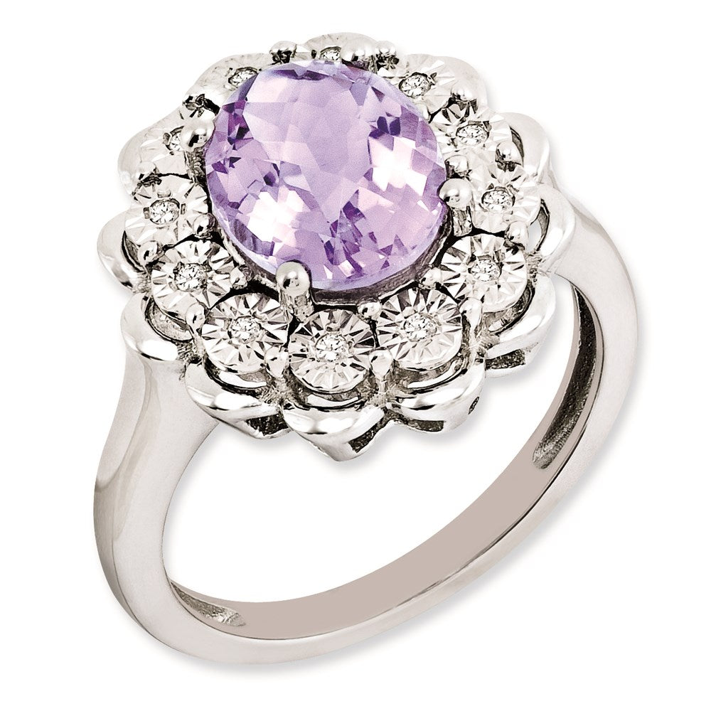 Sterling Silver Rhodium Plated Diamond & Checker Cut Pink Quartz Ring