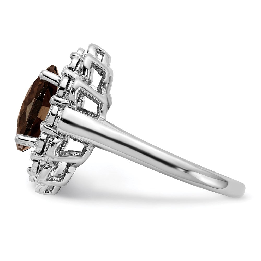 Sterling Silver Rhodium Diamond & Oval Checker Cut Smoky Quartz Ring (Size 7 Only)