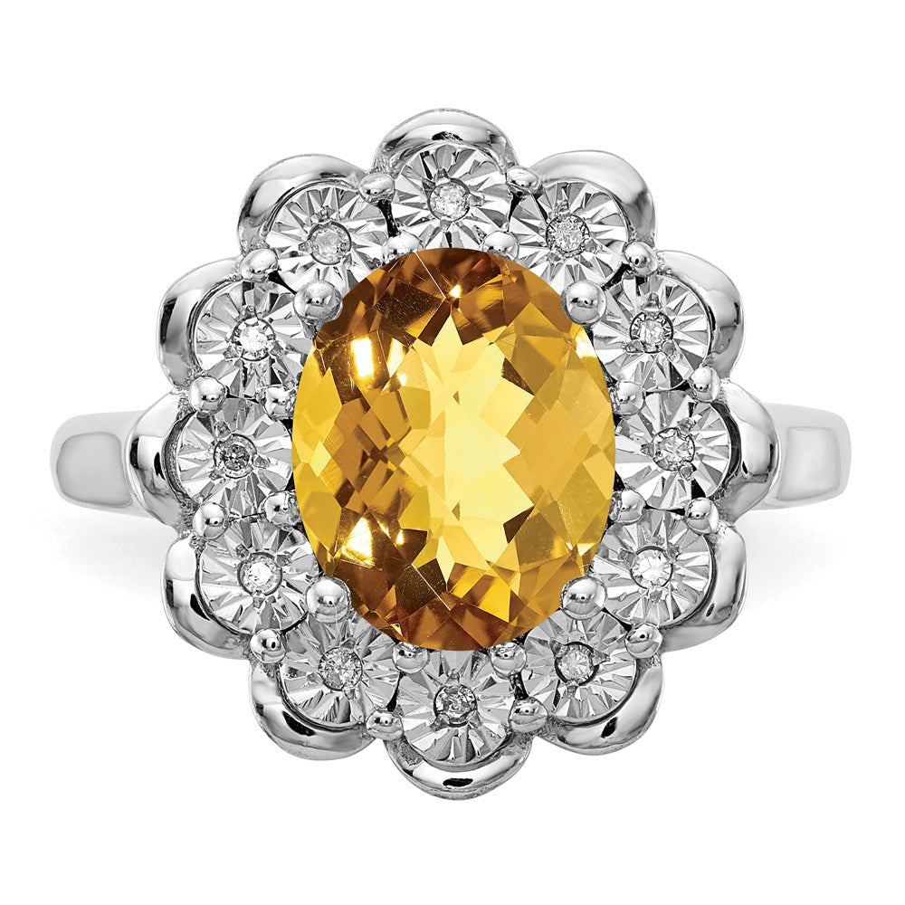 Sterling Silver Rhodium Diamond & Oval Checker Cut Whiskey Quartz Ring