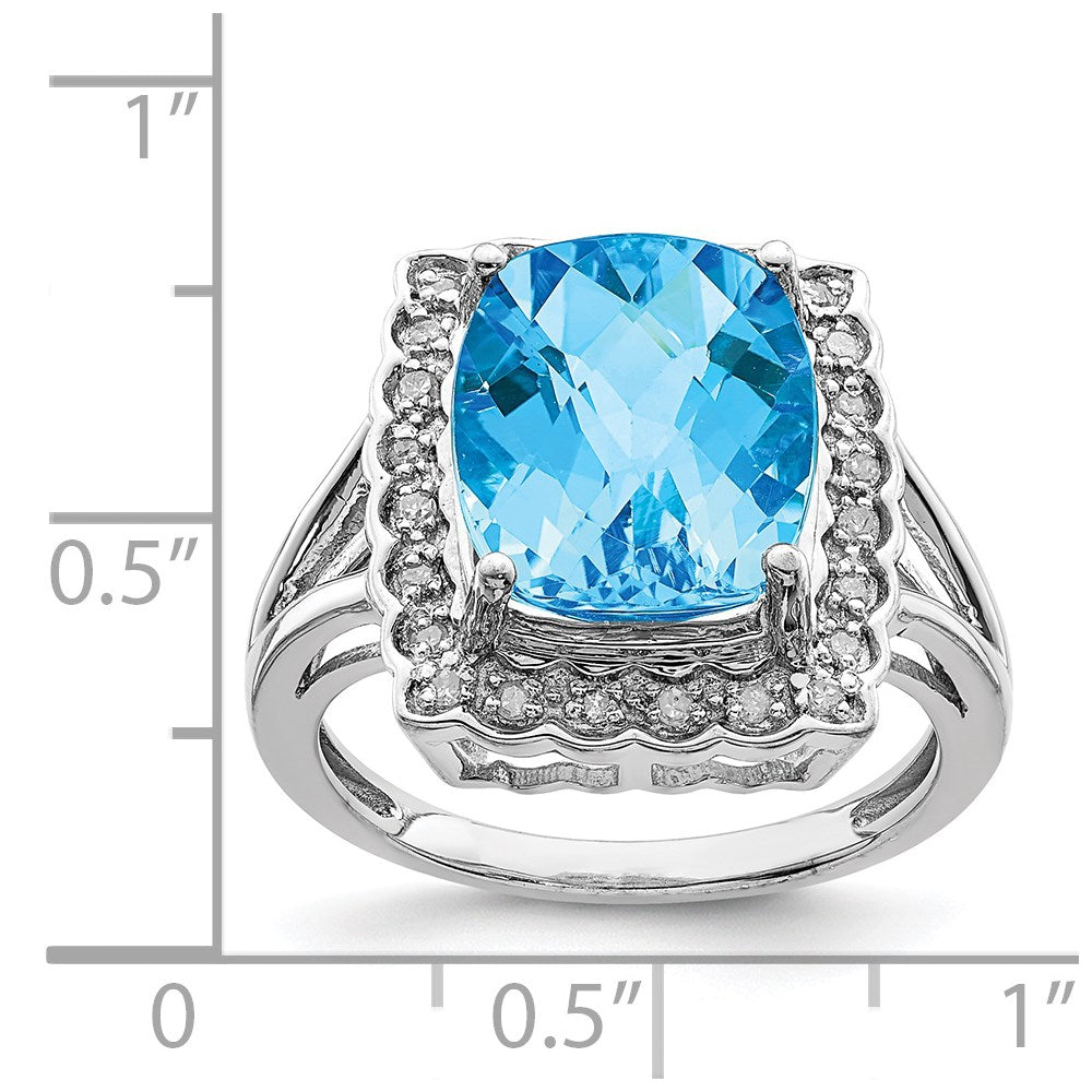 Sterling Silver Rhodium Diamond & Checker Cut Blue Topaz Ring (Size 7 Only)