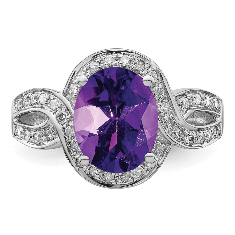Sterling Silver Rhodium Plated Diamond & Oval Checker Cut Amethyst Ring (Size 7 Only)