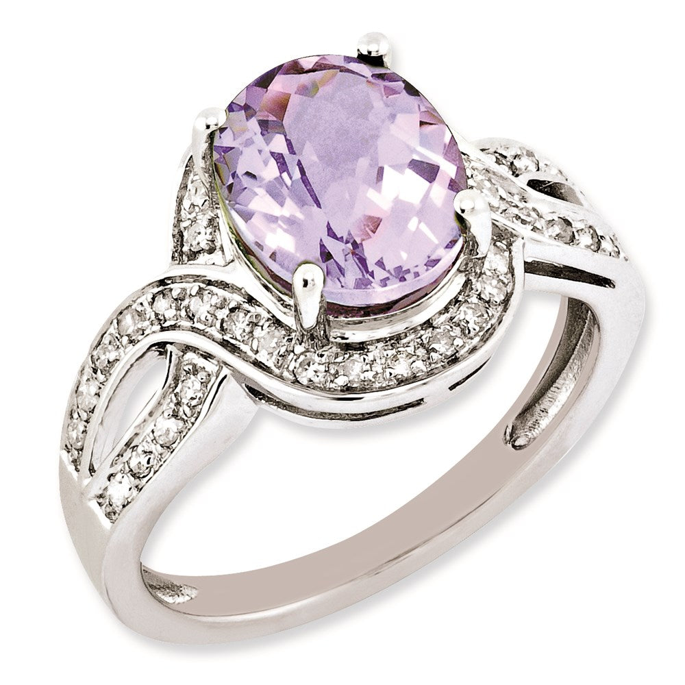 Sterling Silver Rhodium Plated Diamond & Checker Cut Pink Quartz Ring