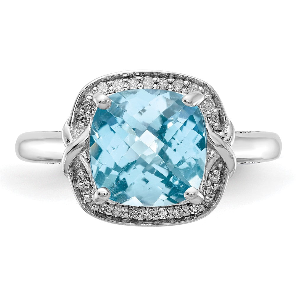 Sterling Silver Rhodium Diamond & Checker Cut Sky Blue Topaz Ring